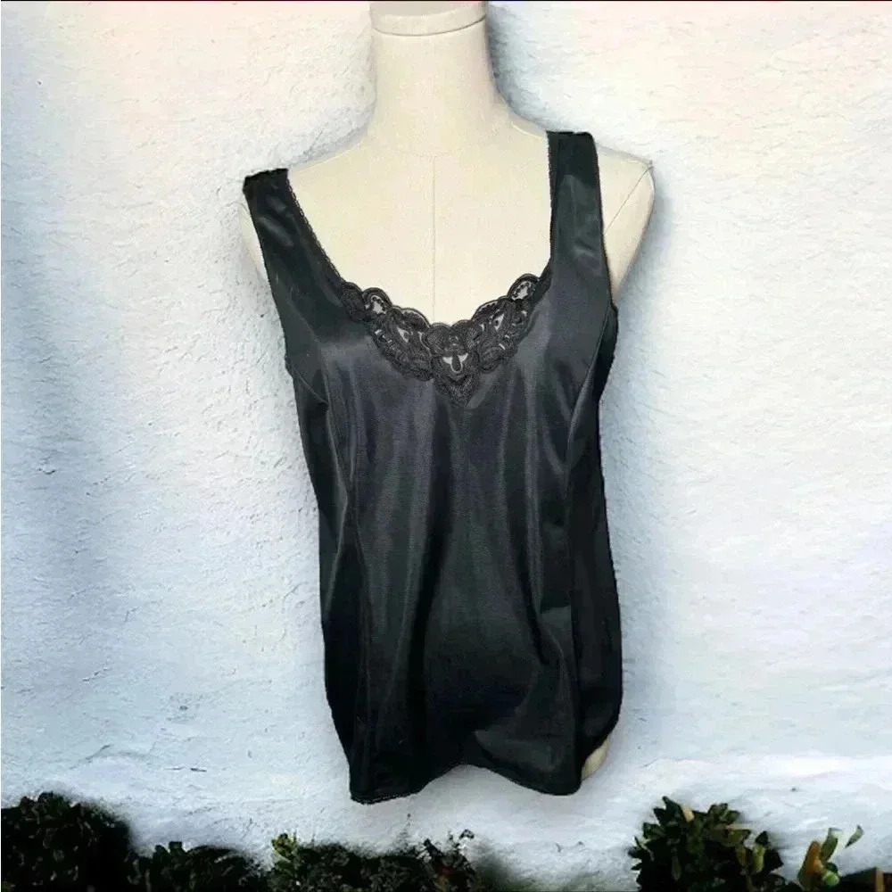Vintage Black satin lace trim tank top 36 goth  glam